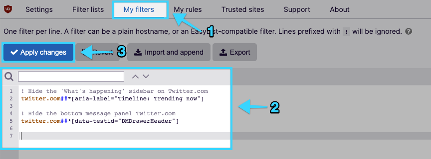 Screenshot showing the uBlock filters interface